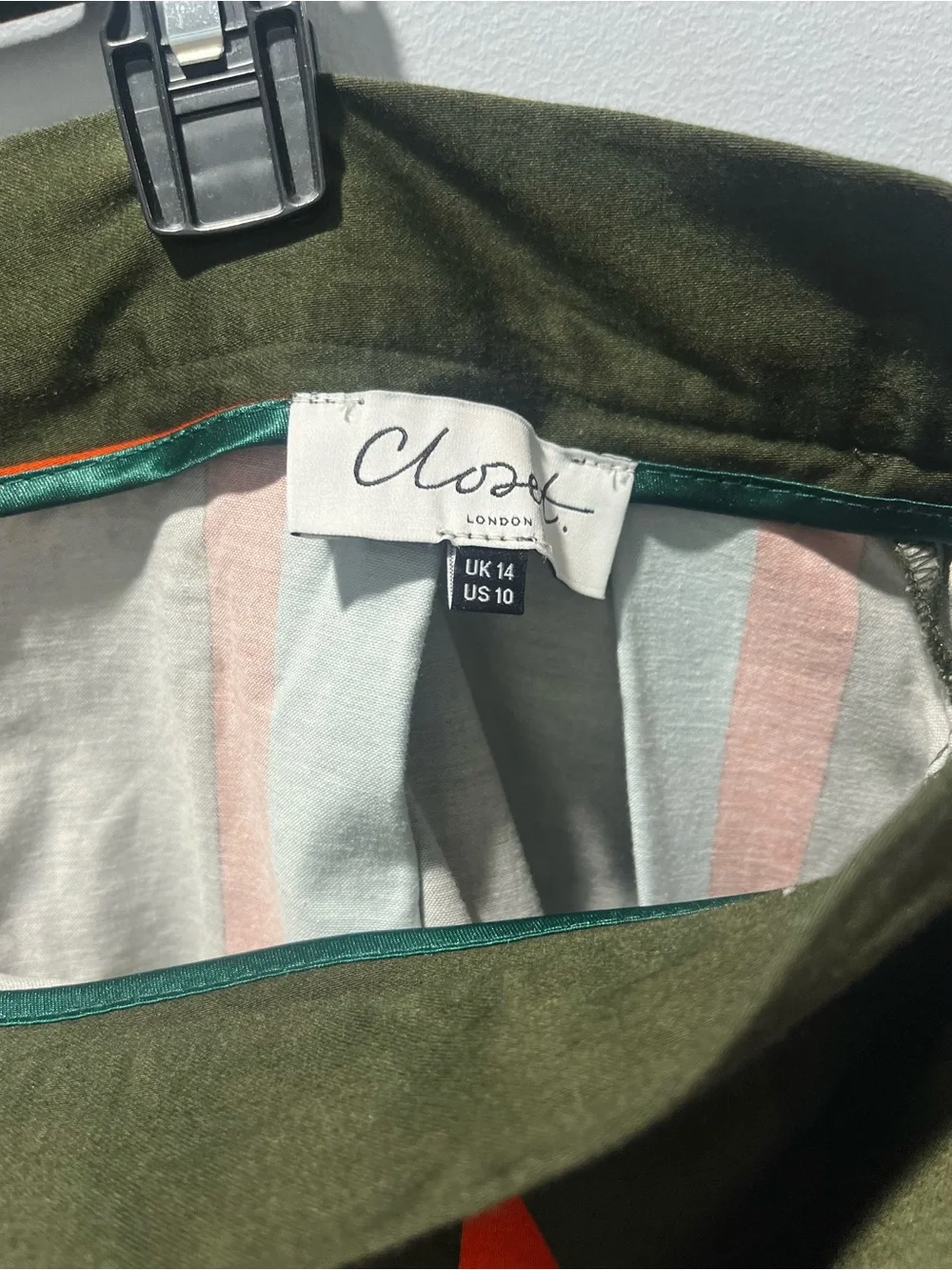 Closet London Striped Box Pleat Bell Midi Skirt Olive Green Orange Mod Size 10